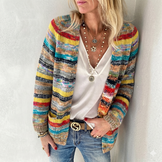 multicolor red striped open knit cardigan for women cozy casual urban style layering piece perfect for travel weekend outfits and relaxed everyday fashion