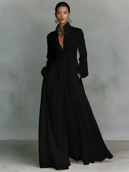 elegant minimalist maxi dress for women in light blue with mao collar sophisticated feminine fashion ideal for events and elegant outfits