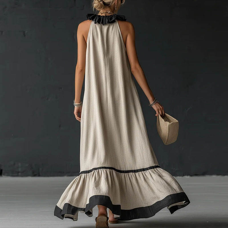 elegant sand colorblock ruffle maxi dress for women back view with v neck sophisticated feminine fashion perfect for events and occasions