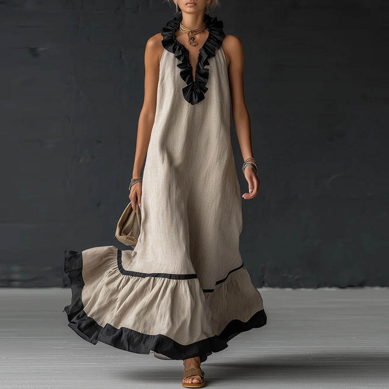 elegant sand colorblock ruffle maxi dress for women with v neck refined feminine fashion perfect for events dinners and elegant occasions