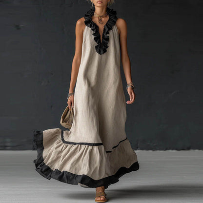 elegant sand colorblock ruffle maxi dress for women with v neck refined feminine fashion perfect for events dinners and elegant occasions