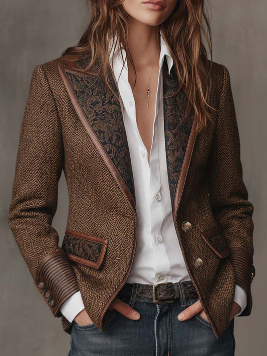 elegant tweed blazer for women with printed panels refined feminine fashion perfect for office outfits events and stylish occasions