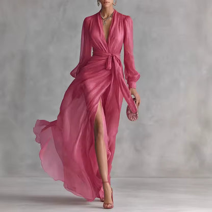 elegant maxi dress for women with v neck belt and flowy skirt featuring a flattering slit sophisticated silhouette ideal for weddings elegant dinners and special occasions