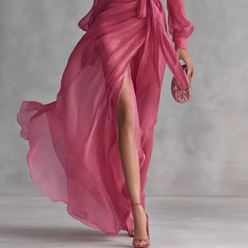 close up of flowing maxi skirt with elegant slit creating graceful movement sophisticated occasion wear ideal for weddings parties and evening events