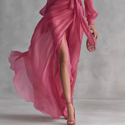 close up of flowing maxi skirt with elegant slit creating graceful movement sophisticated occasion wear ideal for weddings parties and evening events