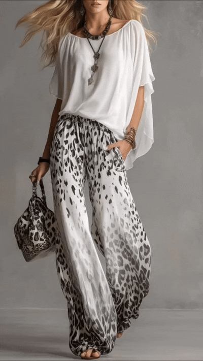 ENSEMBLE BLOUSE BLANCHE ET PANTALON LÉOPARD DÉGRADÉ