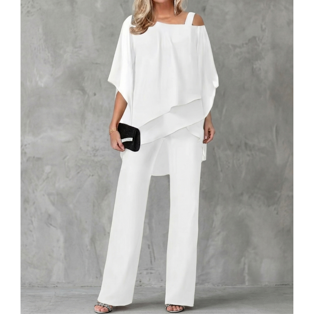 elegant white asymmetric off shoulder two piece set for women sophisticated feminine fashion perfect for events dinners and stylish occasions
