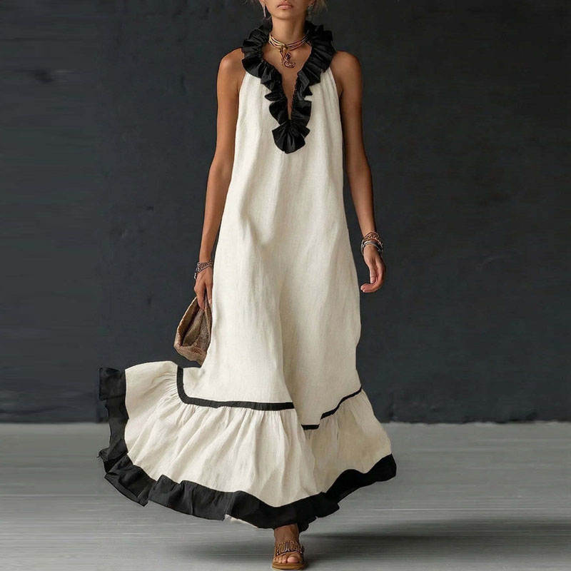 elegant white colorblock ruffle maxi dress for women with v neck sophisticated feminine fashion perfect for events dinners and special occasions