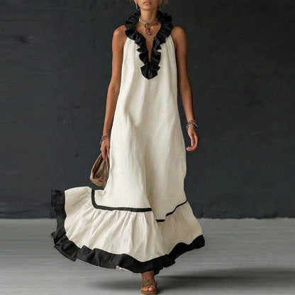 elegant white colorblock ruffle maxi dress for women with v neck sophisticated feminine fashion perfect for events dinners and special occasions