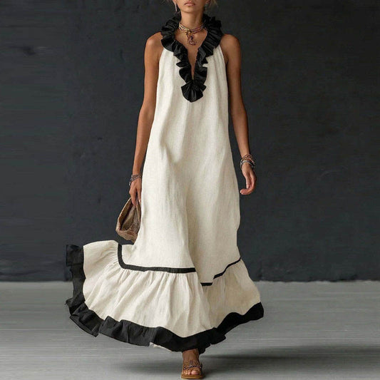 elegant white colorblock ruffle maxi dress for women with v neck sophisticated feminine fashion perfect for events dinners and special occasions