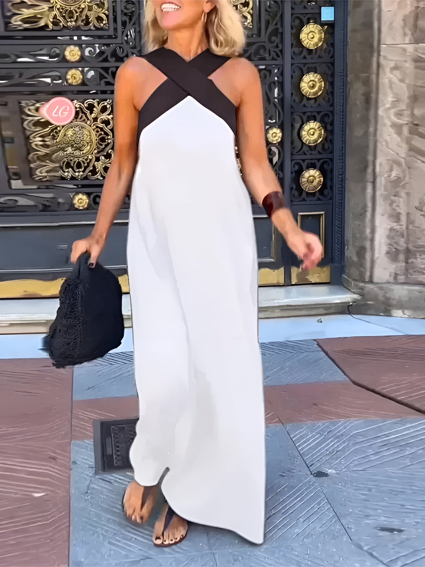elegant white cross halter maxi dress for women refined feminine fashion perfect for events dinners and elegant occasions
