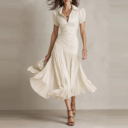 elegant white draped pleated midi dress for women sophisticated feminine fashion perfect for events dinners and elegant occasions