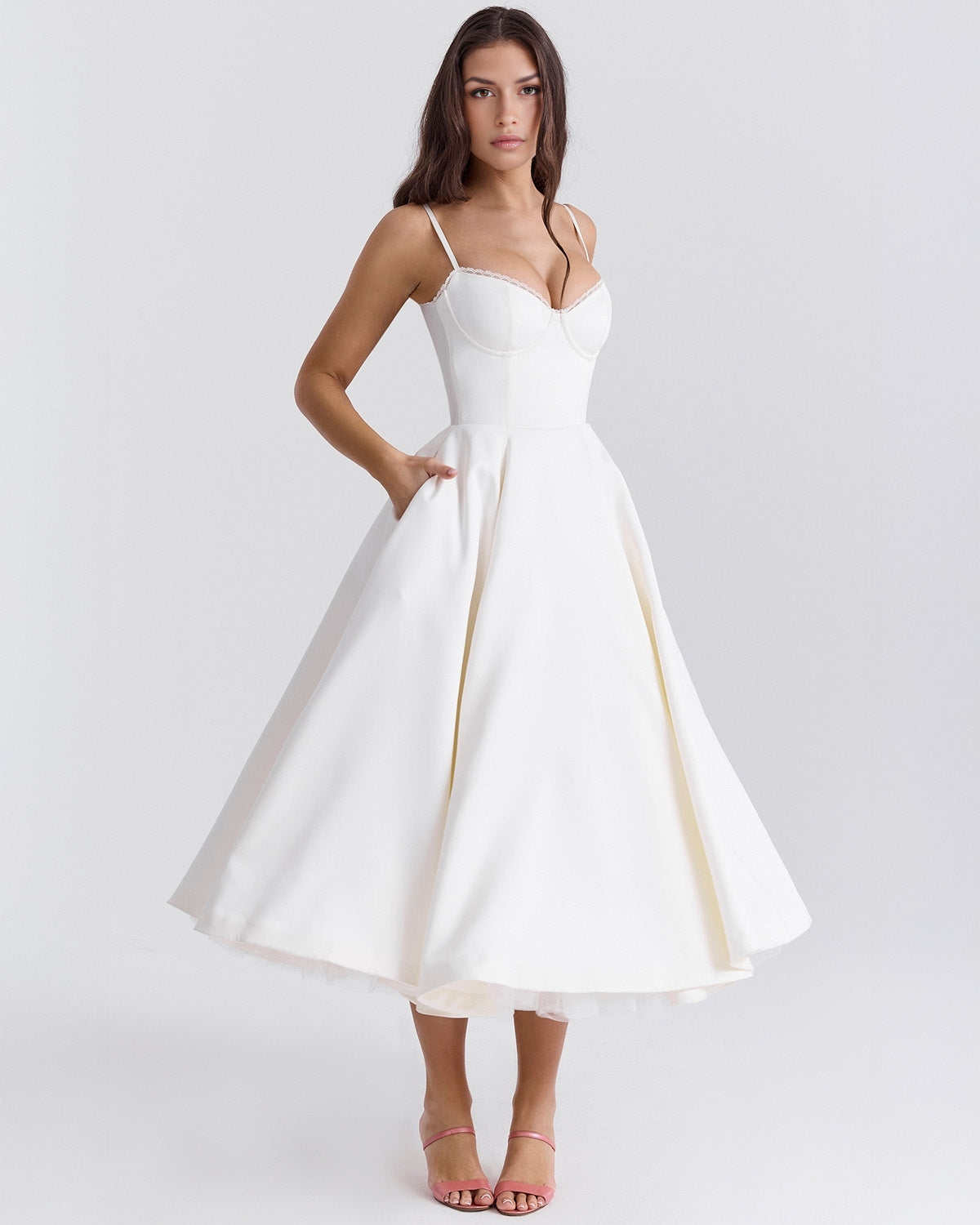 elegant white duchess satin midi dress for women with sweetheart neckline structured corset and soft tulle skirt ideal for bridal events engagement parties and elegant celebrations