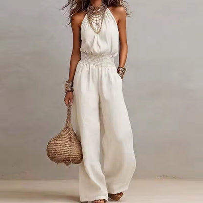 elegant white halter jumpsuit for women with fitted waist refined feminine fashion perfect for events and stylish occasions