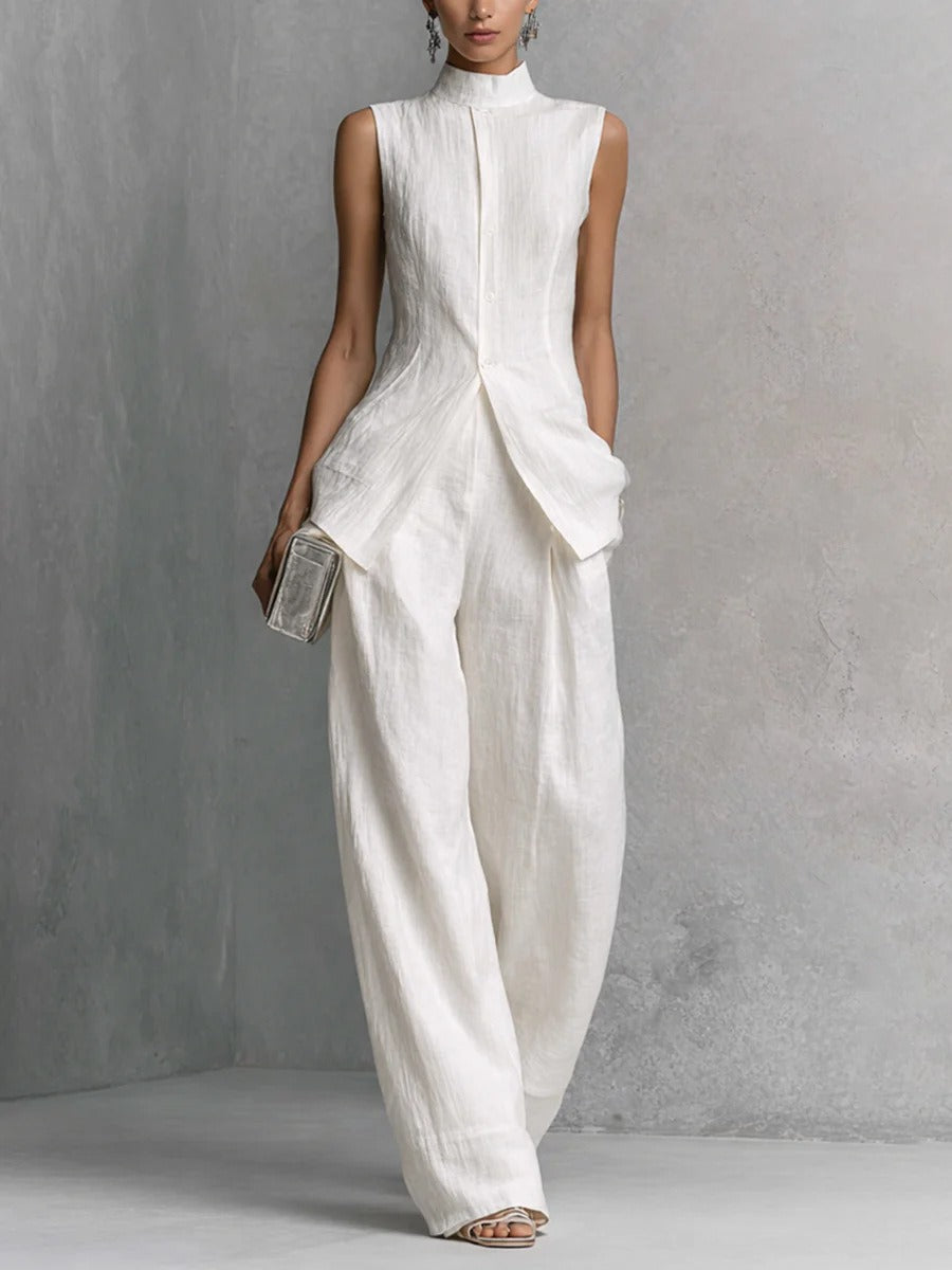elegant white two piece set for women with high neck top and wide leg pants sophisticated feminine fashion perfect for events and stylish occasions
