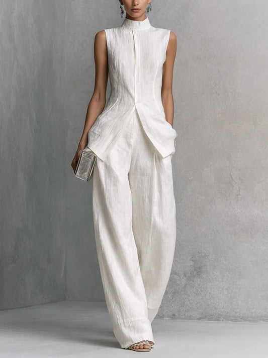 elegant white two piece set for women with high neck top and wide leg pants sophisticated feminine fashion perfect for events and stylish occasions