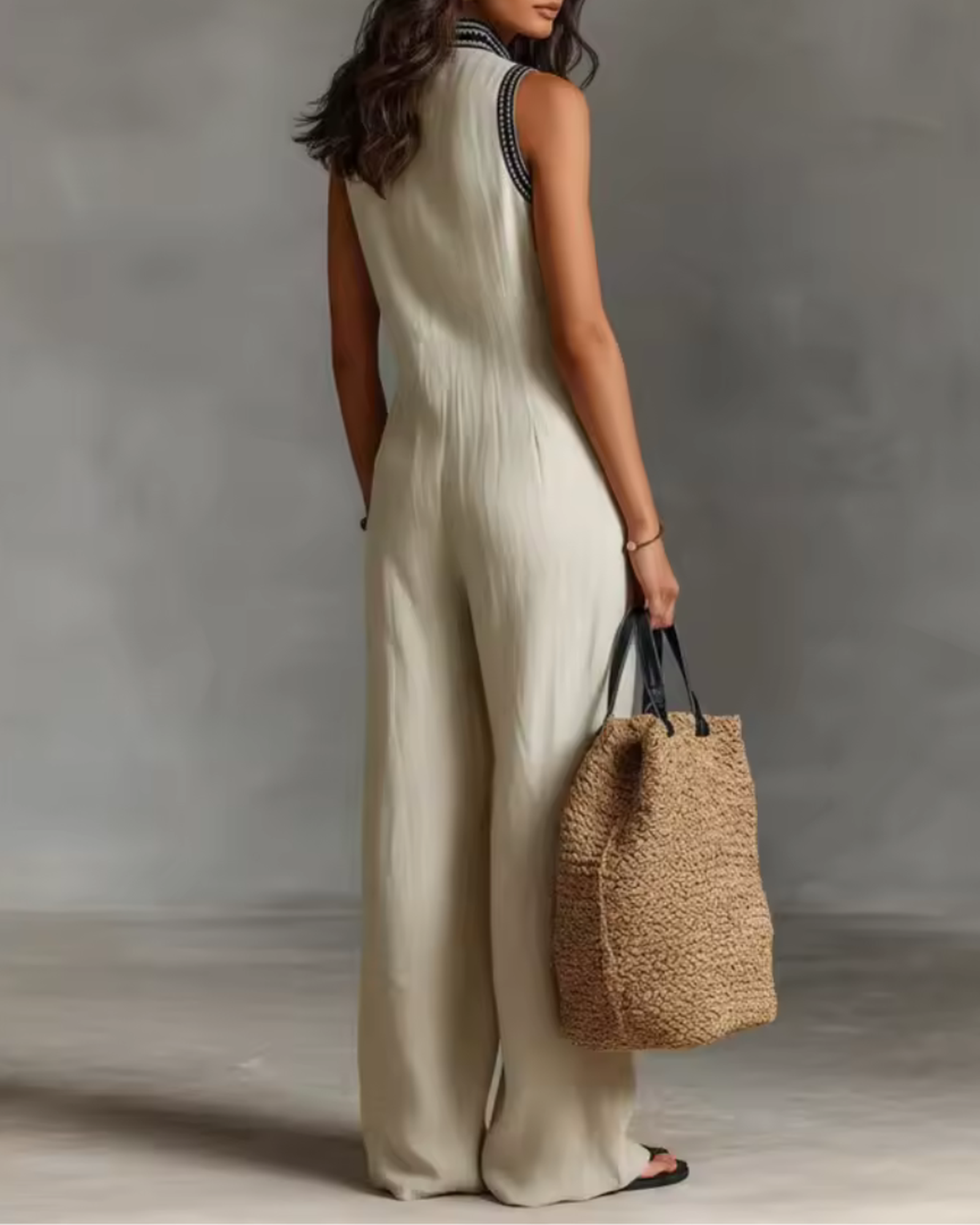 elegant white jumpsuit for women back view with high neck zipper and embroidery refined feminine fashion perfect for events and occasions