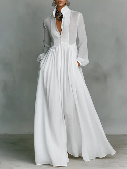 elegant white cotton linen maxi dress for women with mao collar and long sleeves minimalist quiet luxury style ideal for vacations brunches and sophisticated everyday wear