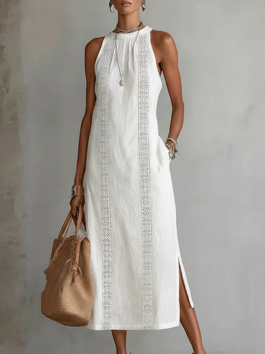 elegant white off shoulder maxi dress for women with slit and vertical lace detail round neck sleeveless versatile feminine fashion perfect for outings