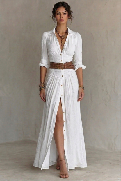 elegant white pleated maxi dress for women with v neck and belt sophisticated feminine fashion perfect for events dinners and special occasions