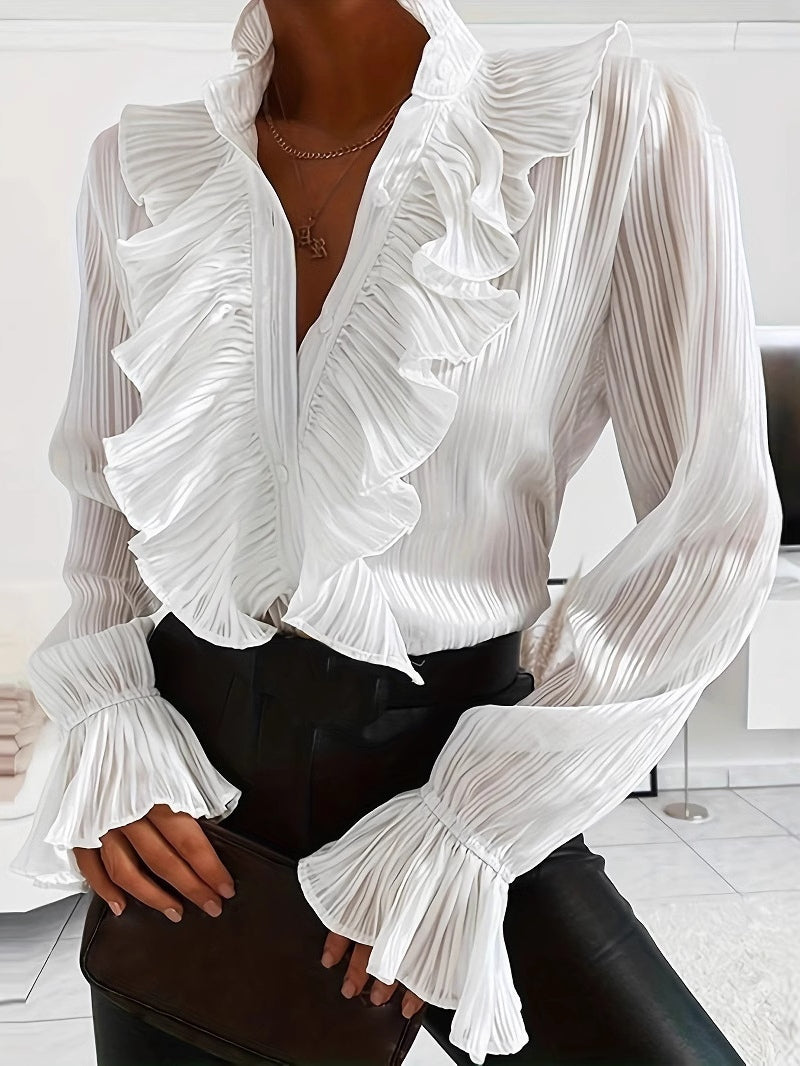 elegant white blouse for women with ruffles and long sleeves refined feminine fashion perfect for office outfits dinners and stylish occasions