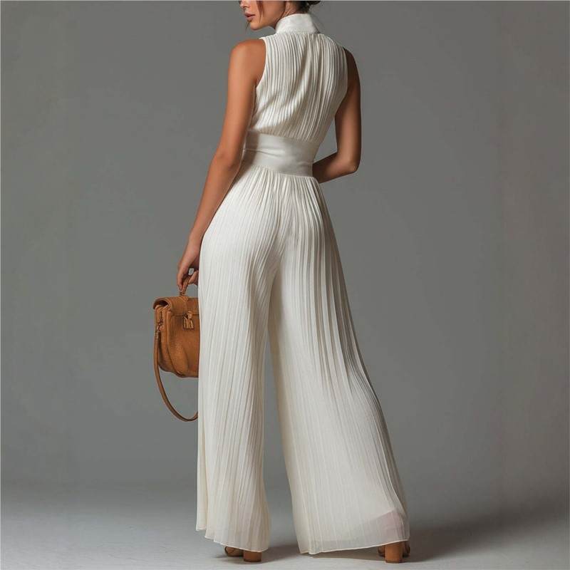 elegant white sleeveless jumpsuit for women back view with pleated wide leg and front zipper refined feminine fashion perfect for stylish occasions