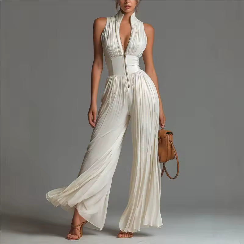 elegant white sleeveless jumpsuit for women with v neck front zipper and pleated wide leg refined feminine fashion perfect for events and occasions