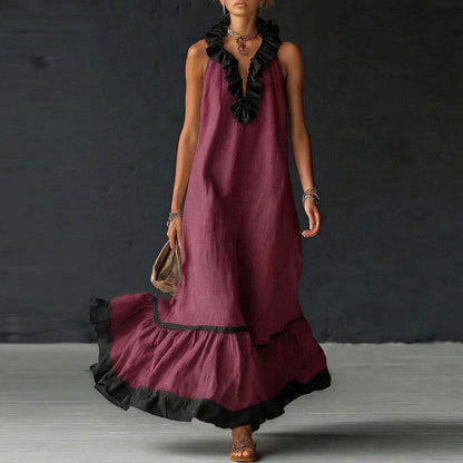 elegant wine red colorblock ruffle maxi dress for women with v neck sophisticated feminine fashion perfect for events dinners and special occasions