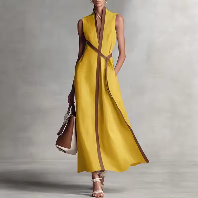 elegant yellow high neck maxi dress for women with pockets sophisticated feminine fashion perfect for events and stylish occasions
