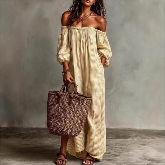 elegant yellow striped off shoulder maxi dress for women sophisticated feminine fashion perfect for events and special occasions